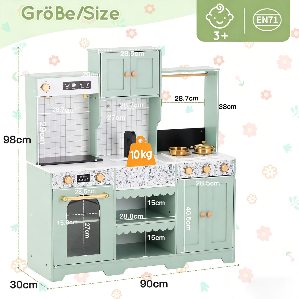 Cucina giocattolo per bambini con macchina per bevande lavello e microonde girevole in MDF verde 30 × 90 × 98 cm
