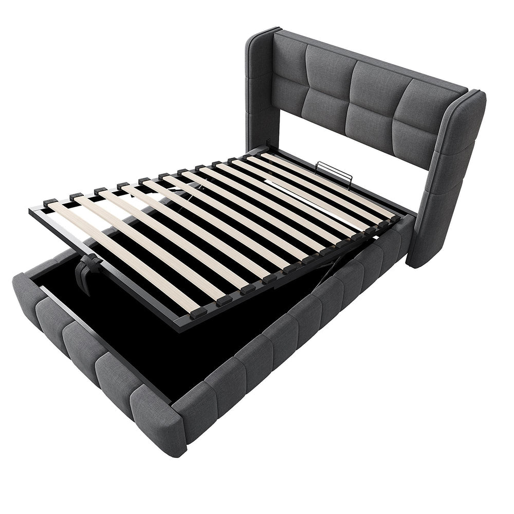 Letto imbottito per bambini - Xylo - 90x200 cm - Grigio - Testiera e sistema di stoccaggio pneumatico
