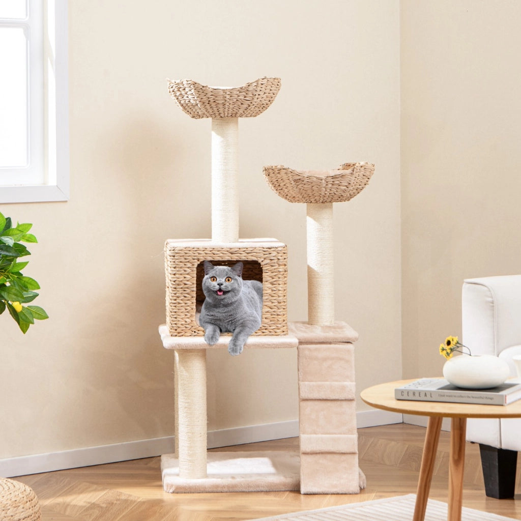 Albero per gatti con posti per graffiare in sisal trespolo condo letto scala cuscini lavabili, Torre cattail da 122cm Beige-Alberi Tiragraffi