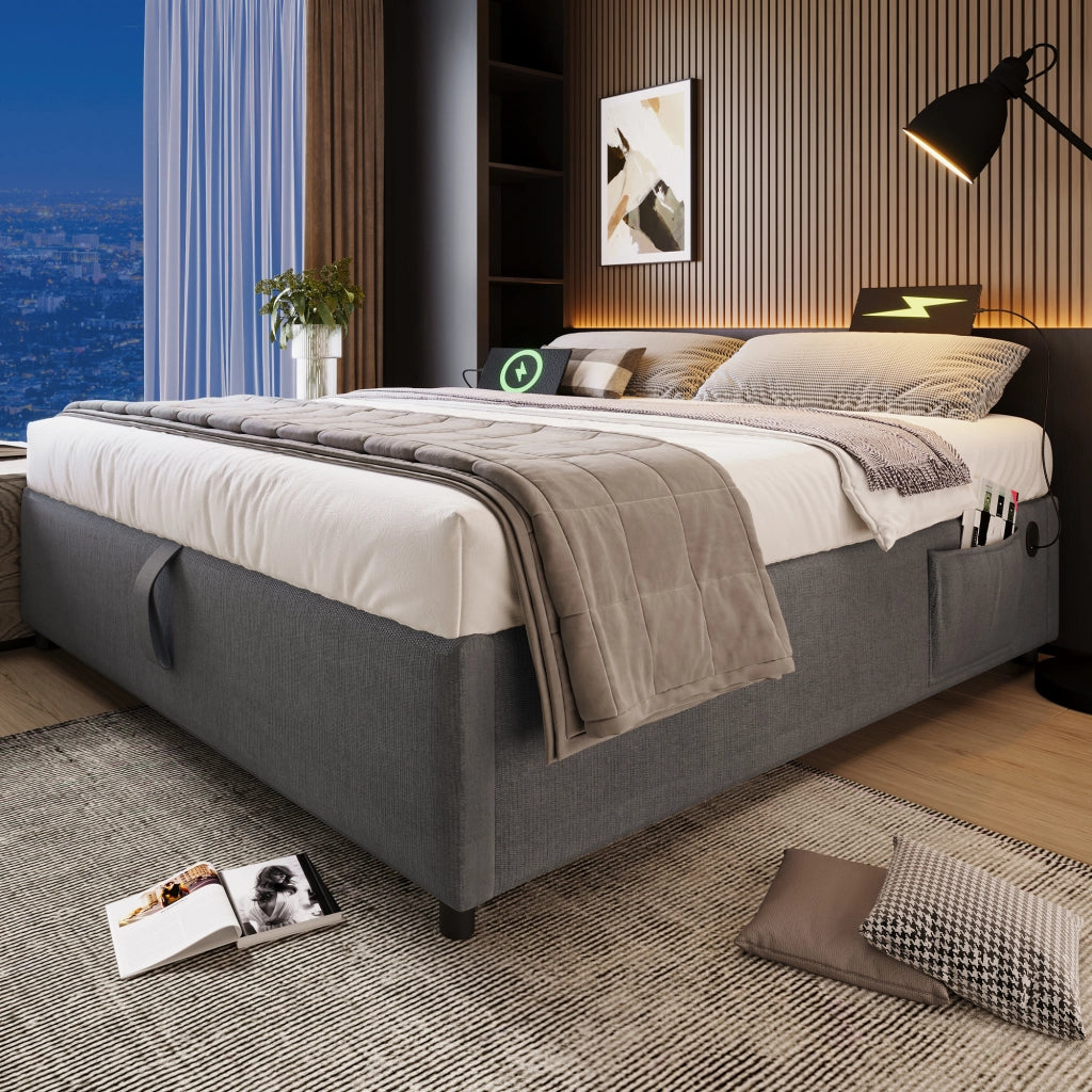 LETTO Contenitore 140x200 cm Grigio in lino con USB e Type-C