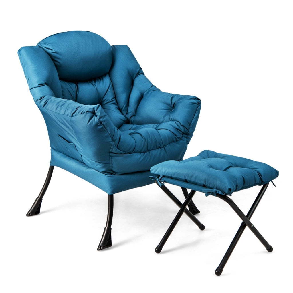 Poltrona pigra con cuscino braccioli tasca laterale poggiapiedi, Poltrona da lettura moderna Blu