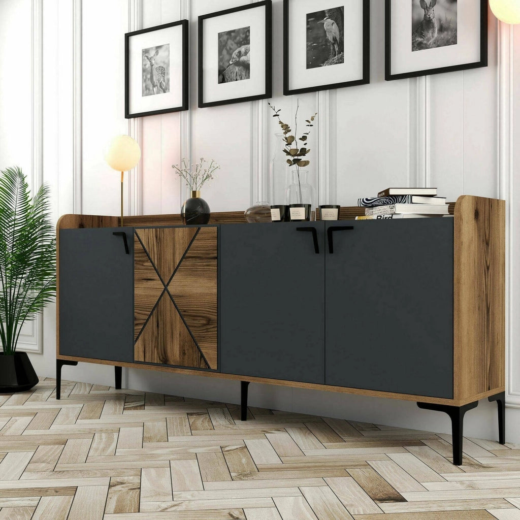 Credenza Also, Credenza da soggiorno, Armadio basso per TV, Base parete attrezzata, 180x35h78 cm, Noce e Antracite