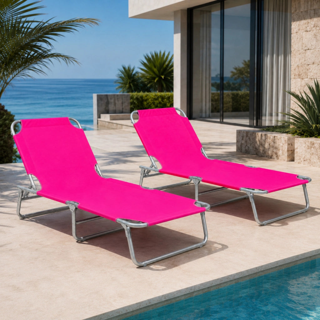 Coppia Di Lettini Sdraio Pieghevoli Prendisole Senza Tettuccio Schienale Regolabile Reclinabile Struttura In Metallo Per Piscina Mare Spiaggia Giardino 187 x 53 x 24 Cm Rosa