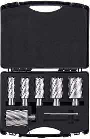 Set di taglieri a magneti, 6 pezzi, Trapano universale, Profondità di taglio 2 pollici, Diametro 1 a 2 pollici, M2al Hss, Incl. 2 stecchi di guida e astuccio per trapano a magneti
