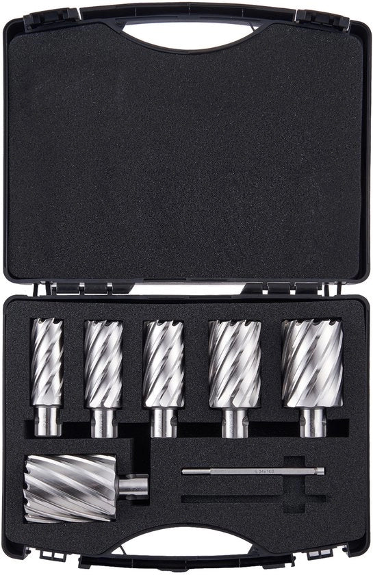 Set di taglieri a magneti, 6 pezzi, Trapano universale, Profondità di taglio 2 pollici, Diametro 1 a 2 pollici, M2al Hss, Incl. 2 stecchi di guida e astuccio per trapano a magneti