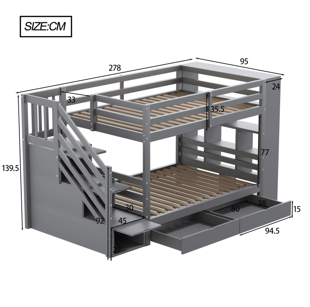 Letto a castello 90x200 cm grigio con scala contenitore