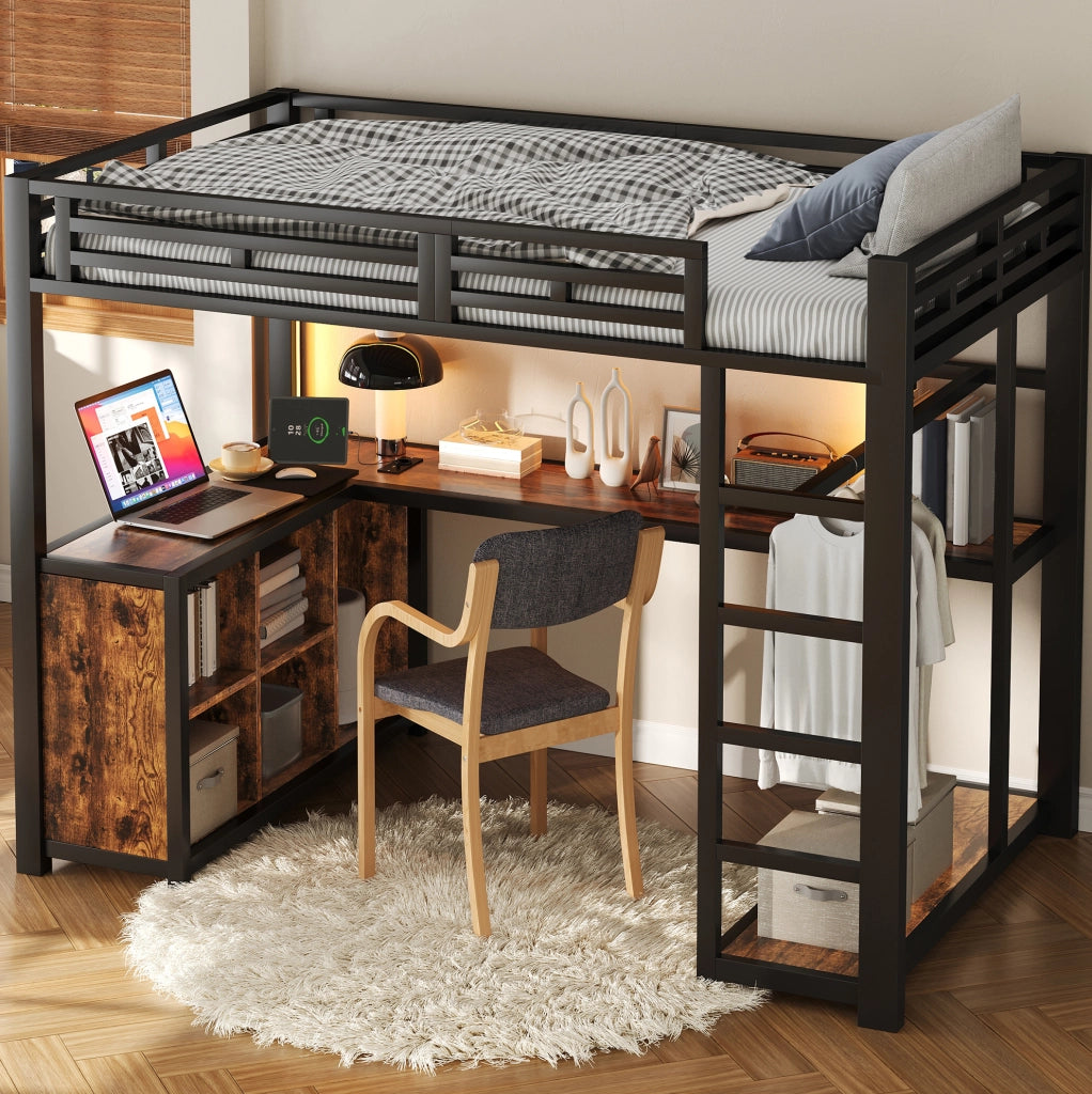 Letto a soppalco 140x200 cm con scrivania, LED e USB, nero