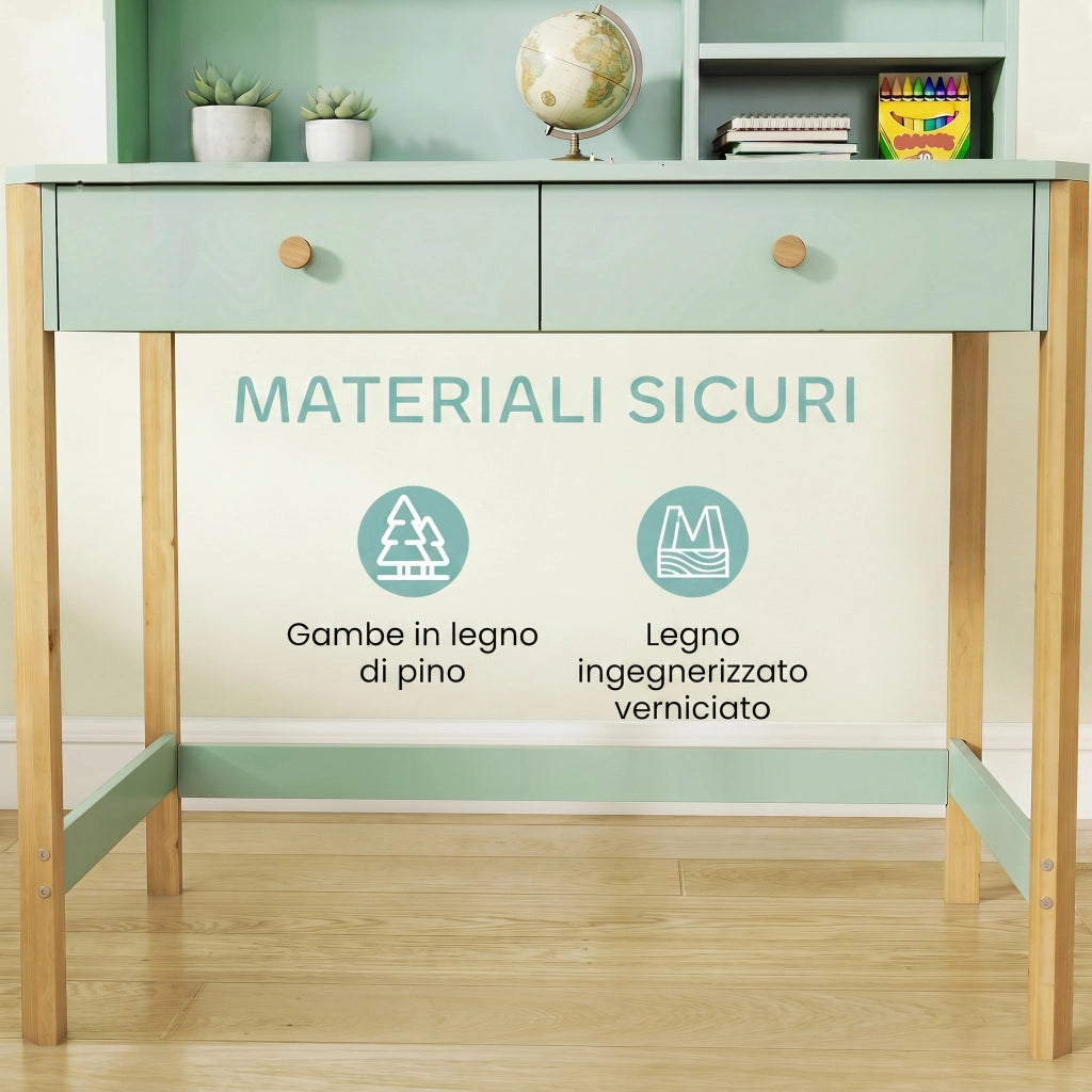 Scrivania per Bambini 5-12 Ani con 3 Ripiani e 2 Cassetti, in Legno, 90x52x105 cm, Verde