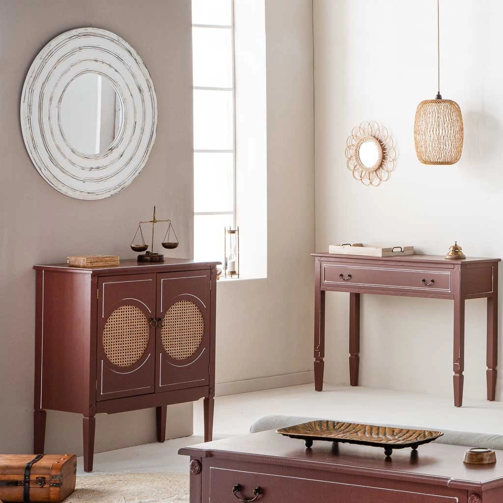 Mobile da ingresso in legno marrone e rattan 80x38x90h