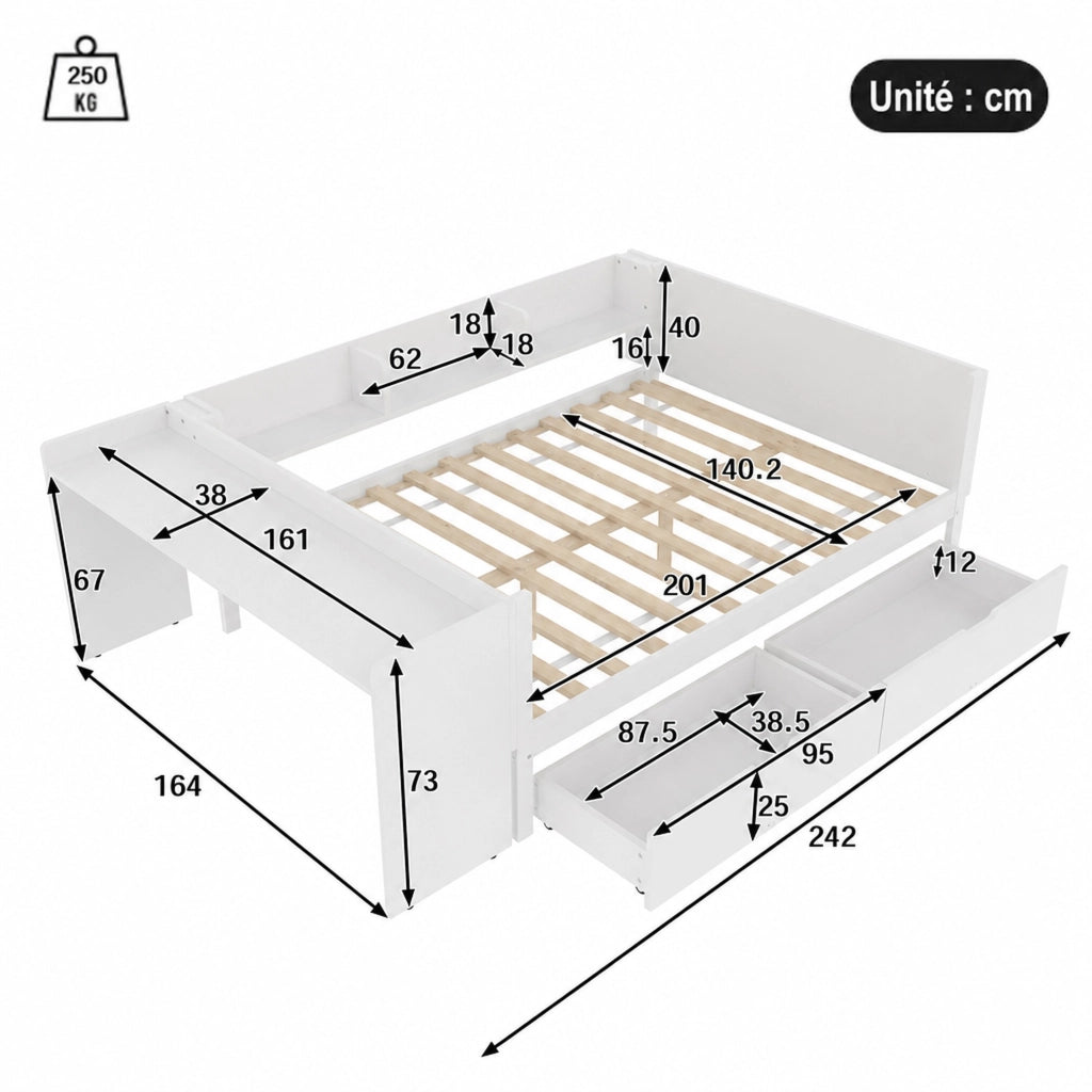 DESMIU Letto combinato letto matrimoniale con scrivania, 2 cassetti e 3 ripiani 140 × 200 cm, senza materasso
