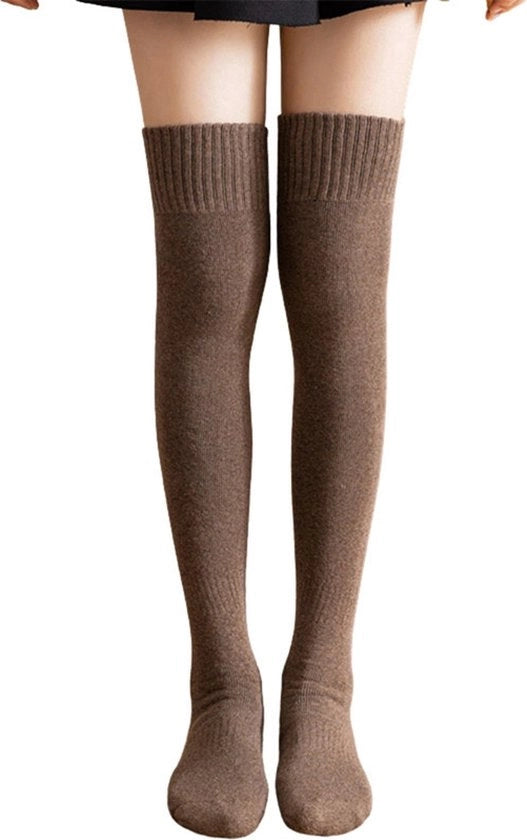 Gamba calza per donna - calze di cotone morbide - calze di spugna soffici calde - calzettoni per gambe calde invernali - calze lunghe per stivali - calze casual - calze di cotone moda - colore marrone scuro + beige - 22*55cm