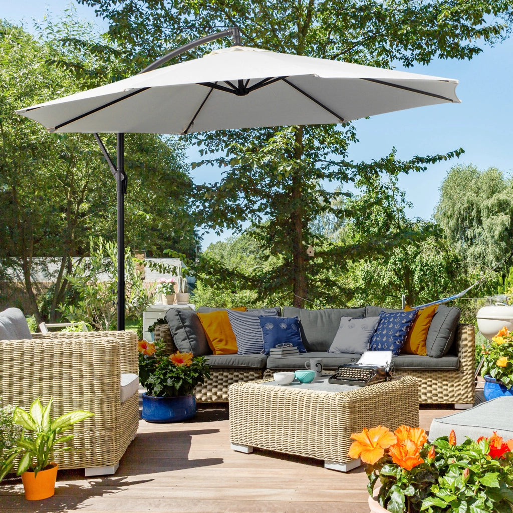 Parasole a sbalzo 300 cm con manovella manuale aste ad arco e supporto in acciaio tessuto poliestere colore crema funzionale per patio e giardino