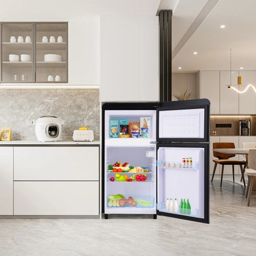 Frigorifero retrò; frigorifero a doppia porte; volume totale 72L; compartimento congelatore 21L; luce LED; efficiente energetico; nero
