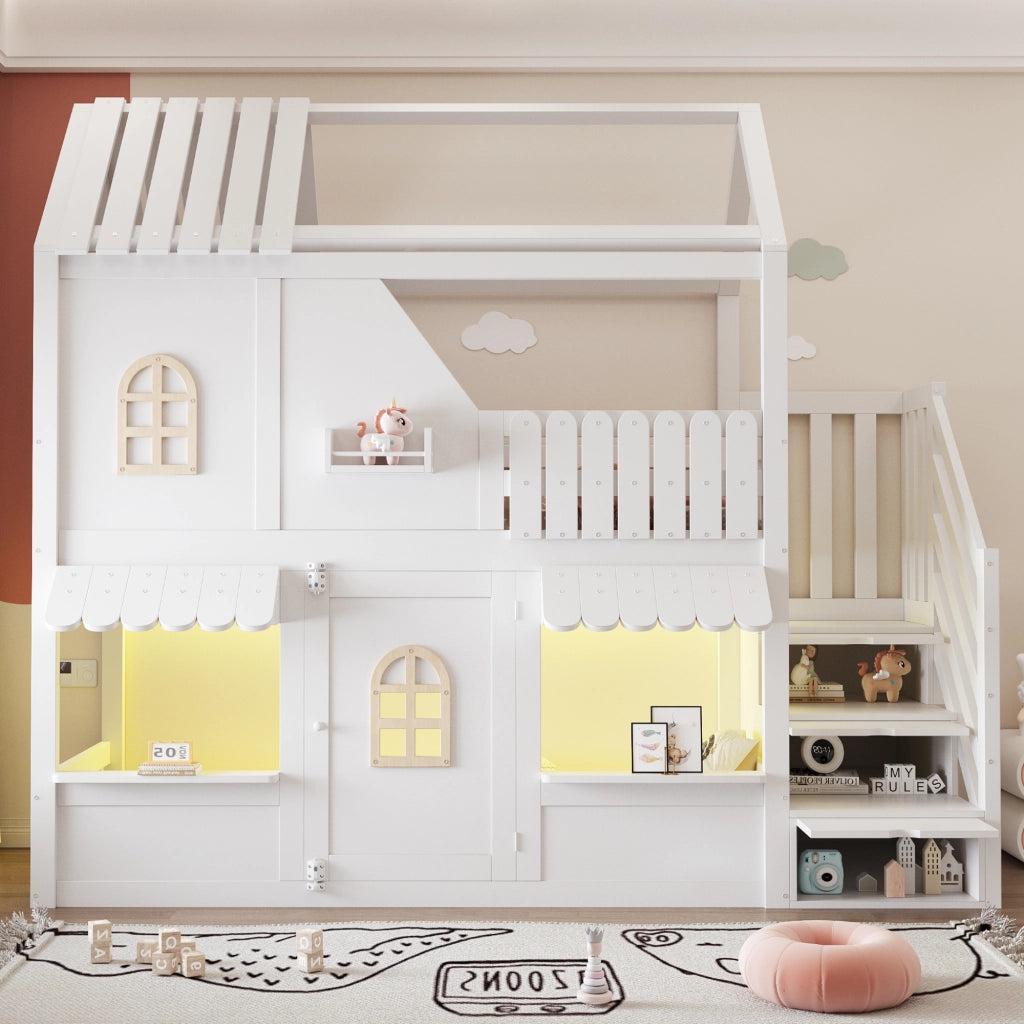 Letto a castello a casetta 90x200 cm con tetto; finestra; porta; scala contenitore; LED e ripiani; legno bianco