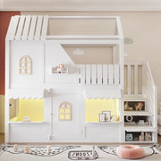 Letto a castello a casetta 90x200 cm con tetto; finestra; porta; scala contenitore; LED e ripiani; legno bianco