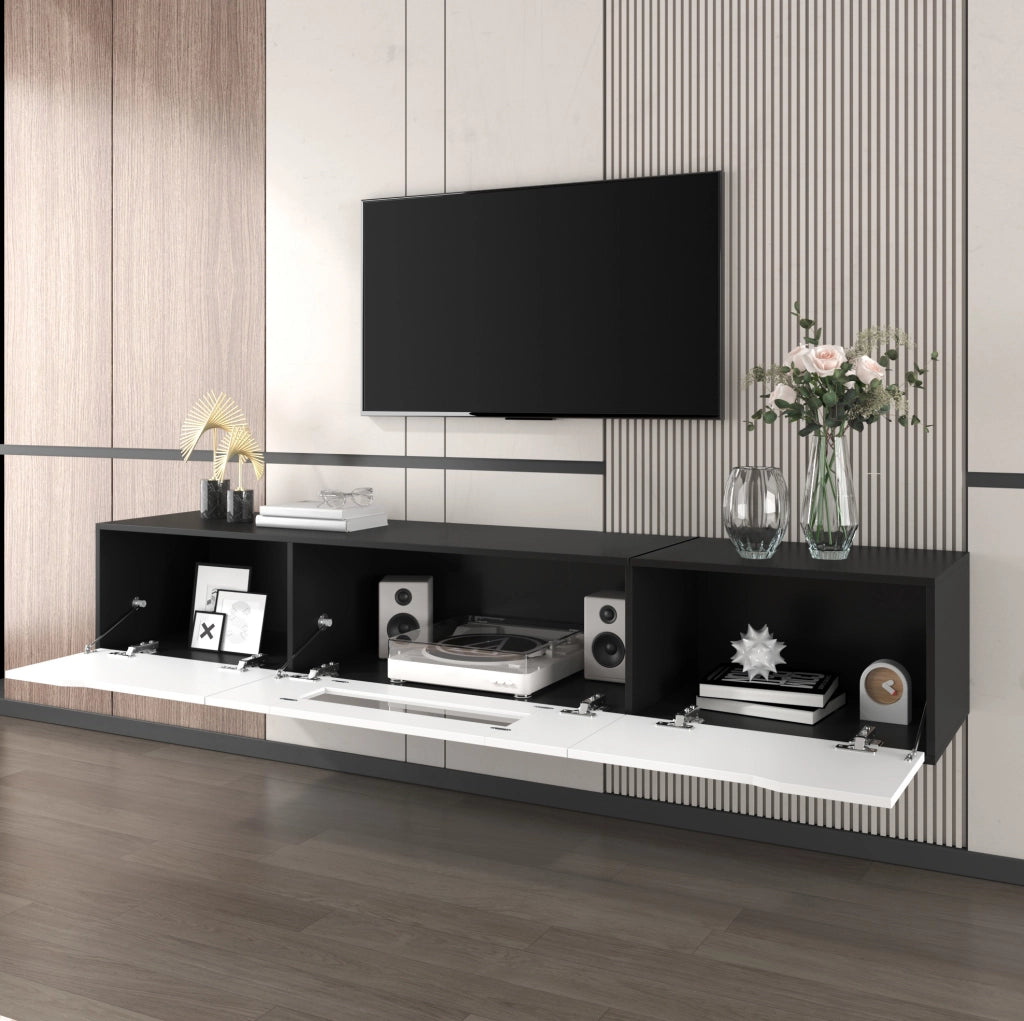 Mobile TV basso 180 cm nero e bianco con LED USB, finitura lucida