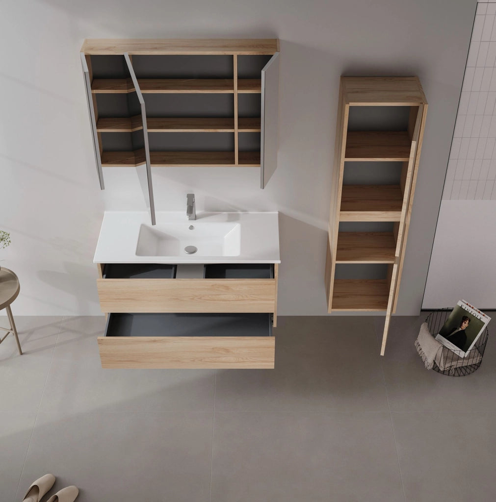 Set mobile lavabo con specchio (2 pezzi) "Side 100 v3" - 100 x 16 x 52 cm - Rovere