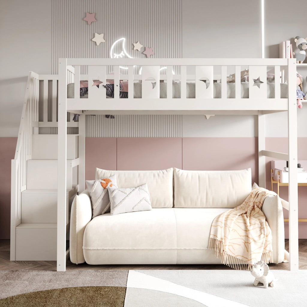 Letto a soppalco bianco 140x200 cm in legno massello con scala, ripiani e divanetto