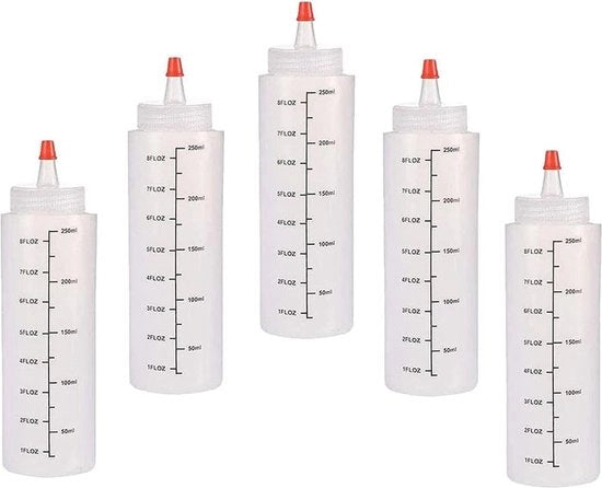 Squisce di plastica a 5 pezzi, 250 ml, con doppi, per salse, ketchup, salse piccanti, olio d'oliva, senape, salse BBQ, salse, maionese