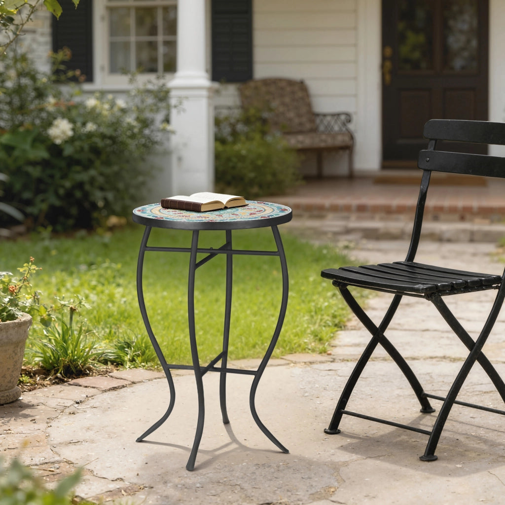 Tavolino da giardino rotondo con mosaico e gambe in metallo ¨C Zephmum ¨C 35,5x35,5x53,5 cm Turchese