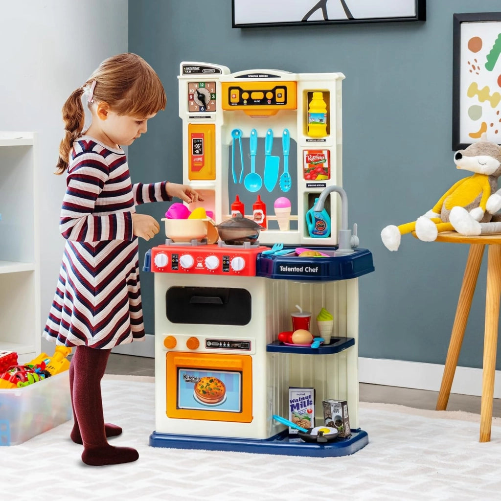 65 Pezzi Cucina Giocattolo per Bambini, Mini Cucina con Finto Vapore Cappa Aspirante, Rubinetto con Acqua Corrente, Canzoni, Luci e Suoni Realistici, 3 Anni+, 45 x 26 x 79 cm (Blu)