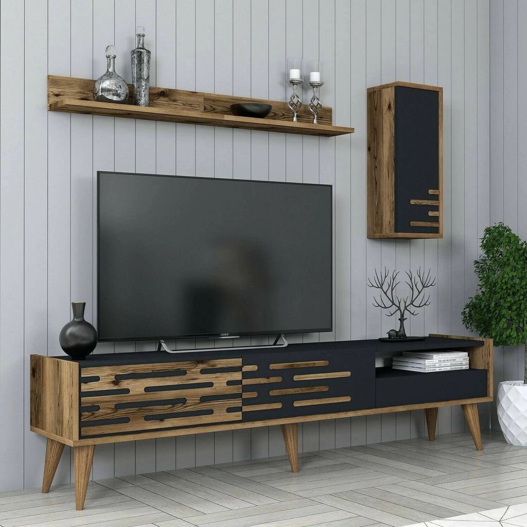 Mobile porta TV Upana, Credenza da soggiorno, Armadio basso per TV, Base parete attrezzata, 180x45h35 cm, Antracite e Noce