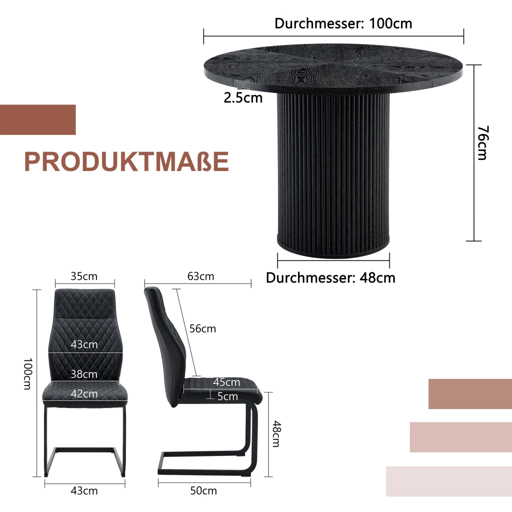 Tavolo da Pranzo Rotondo con 2 Sedie ¨C MINIMAL ¨C Piano MDF Nero, Gambe Cilindriche, 100 cm