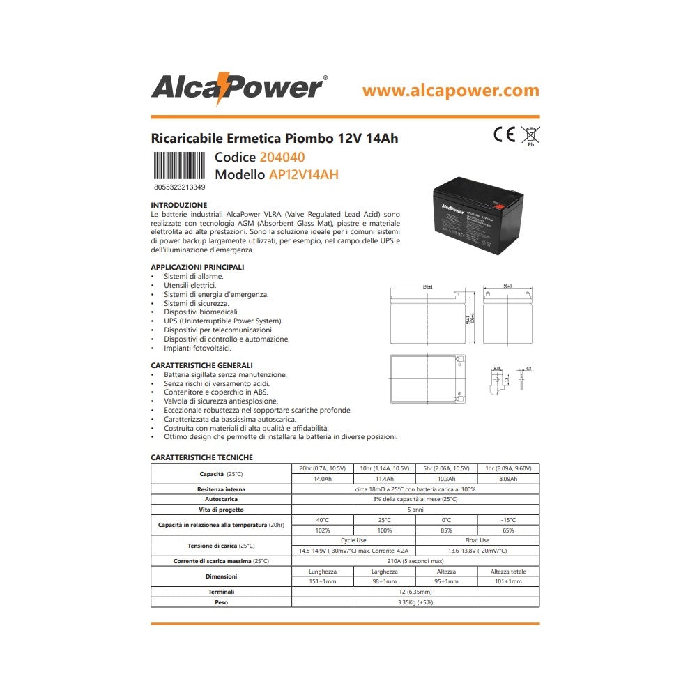 Alca power batteria al piombo da 12v 14ah ricaricabile per ups e illuminazione di emergenza