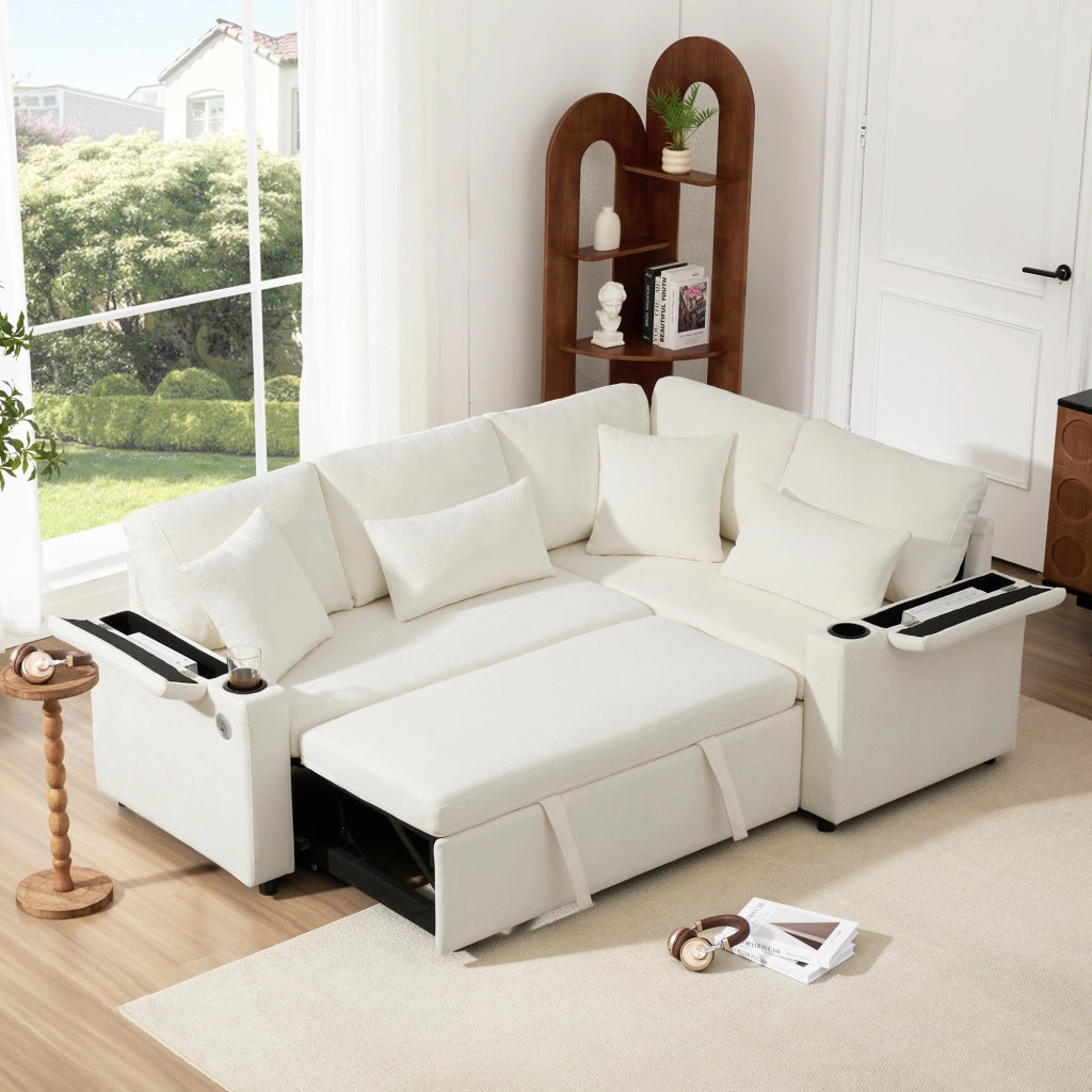 Divano angolare letto con contenitore; portabicchieri; USB e cuscini in chenille beige