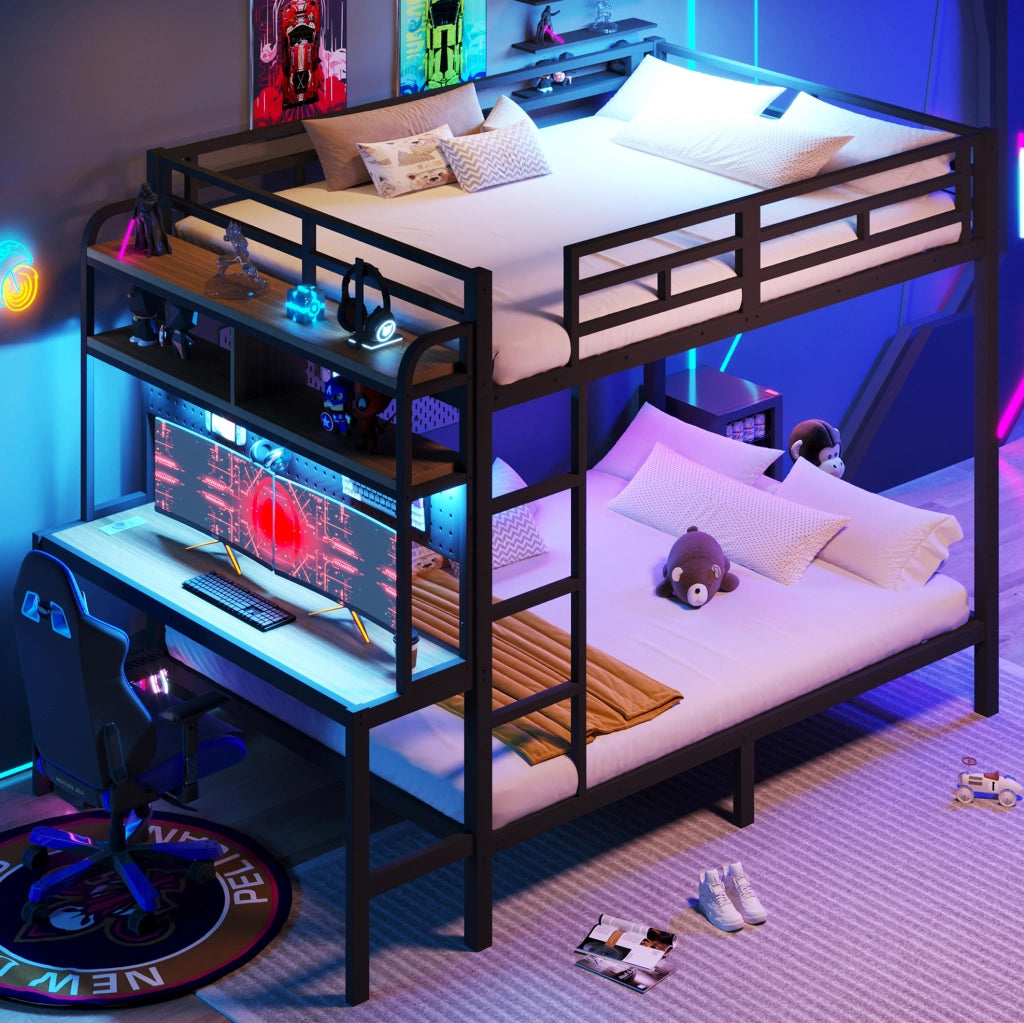 Letto a castello 140x200 cm in metallo e MDF; con scrivania; ripiani; LED e USB; nero