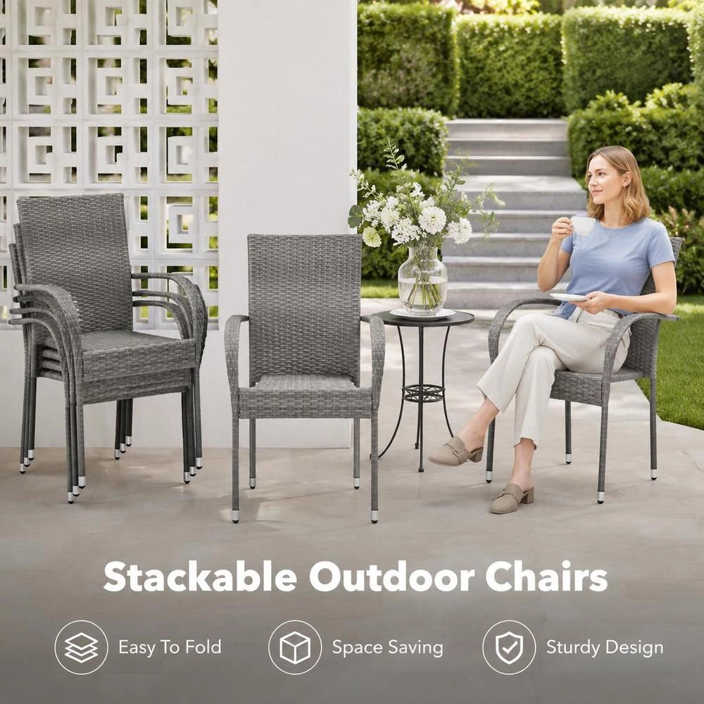 Stackable Garden Chairs, Set Of 6, Grey Poly Rattan