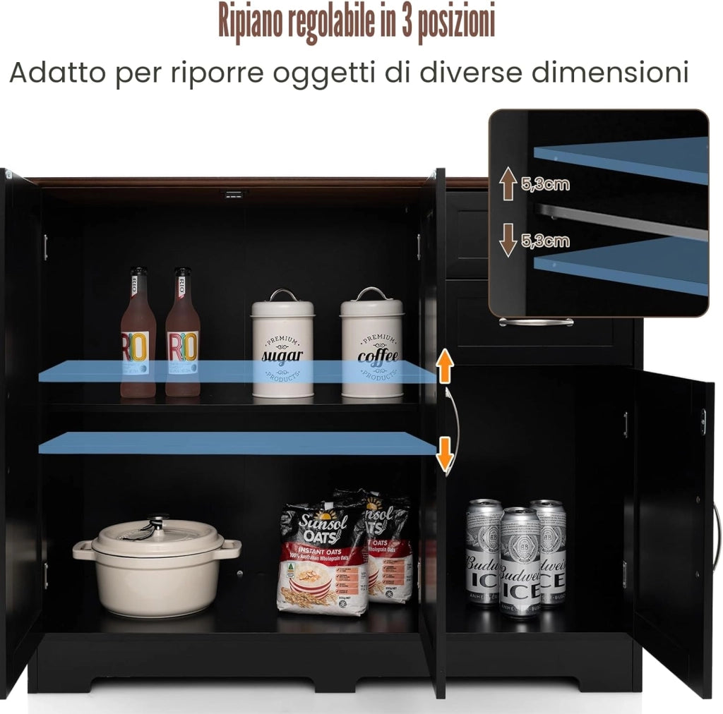 Credenza Cucina Multiuso e Moderno, Madia da Cucina con 2 Armadi, Ante e 2 Cassetti, Mobile Dimpensa Portaoggetti per Sala da Pranzo, Soggiorno, 100 x 40 x 78 cm (Nero)