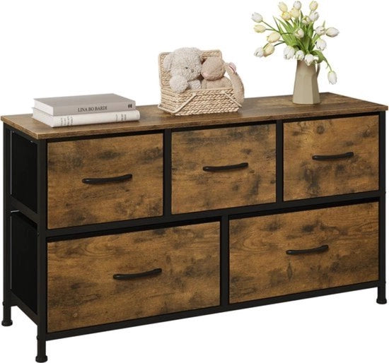 Cassettiera TV - 5 Gocce - Cassettiera da Camera da Letto - Armadio per Abbigliamento - Stile Rustico in Legno di Noce con Nero