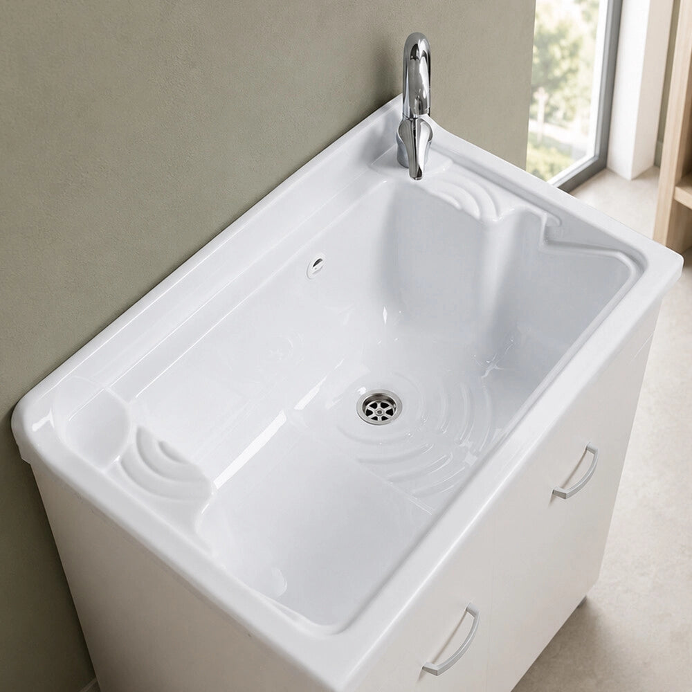 Mobile lavatoio 79x50 cm bianco opaco con ante e vasca incluso di asse di lavaggio e kit di scarico Medea