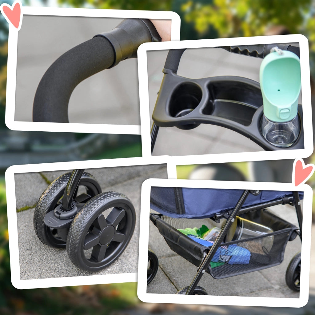 Passeggino pieghevole per cani e gatti ¨C Xylo ¨C 4 ruote, tessuto Oxford 300D impermeabile, blu scuro
