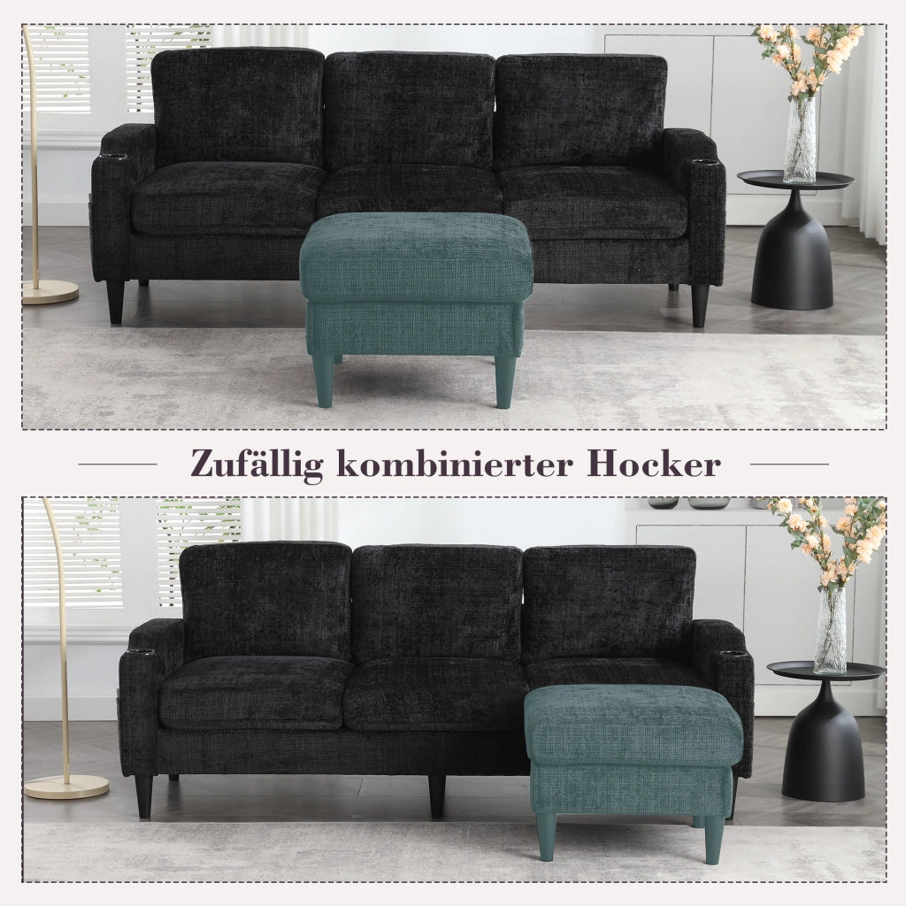 Divano Dritto 4 Posti con Pouf Contenitore; Portabicchieri e Tasche Laterali; Struttura Metallo Legno in Chenille Nera