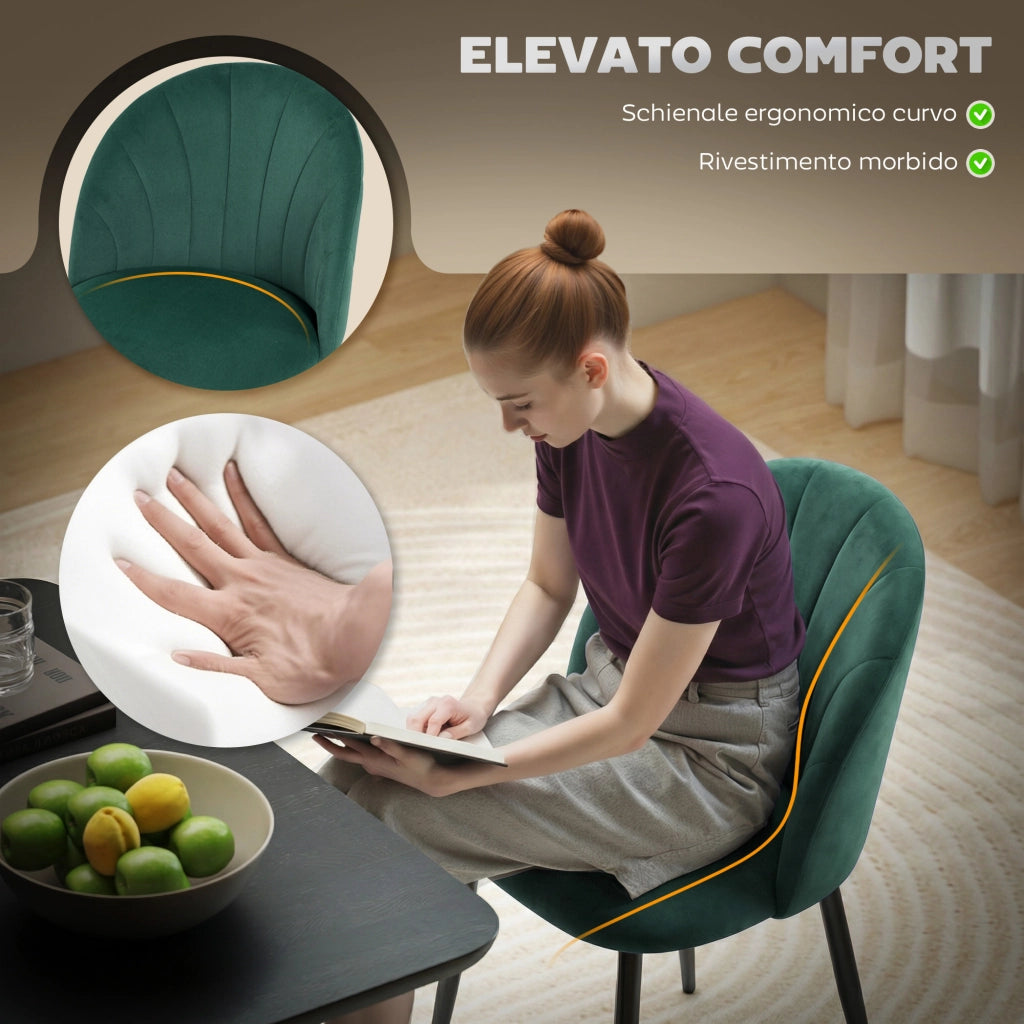 Set 2 Sedie da Pranzo Imbottite con Schienale a Conchiglia in Velluto, 52x55x79 cm, Verde Scuro