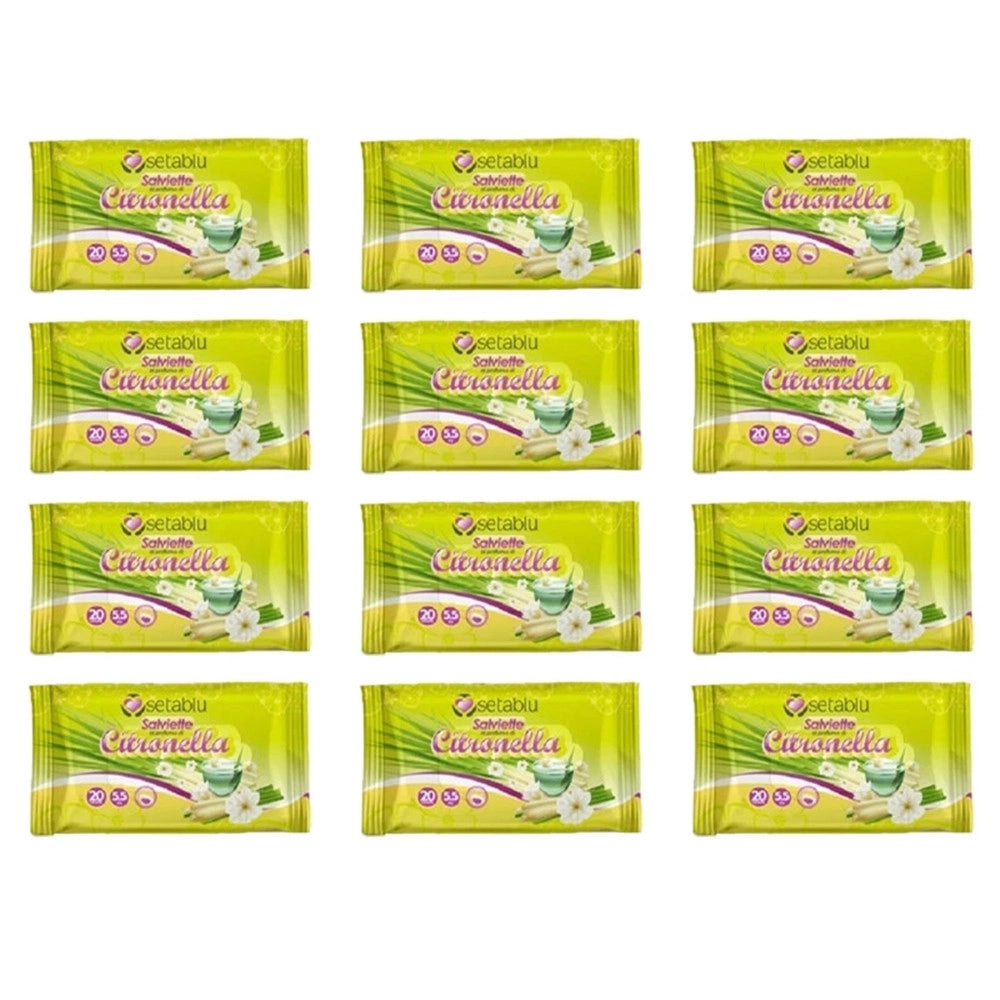 Trade Shop - Set 12pz Da 20 Salviettine Imbevute Al Profumo Di Citronella Anti Zanzara Morbide 59071se -