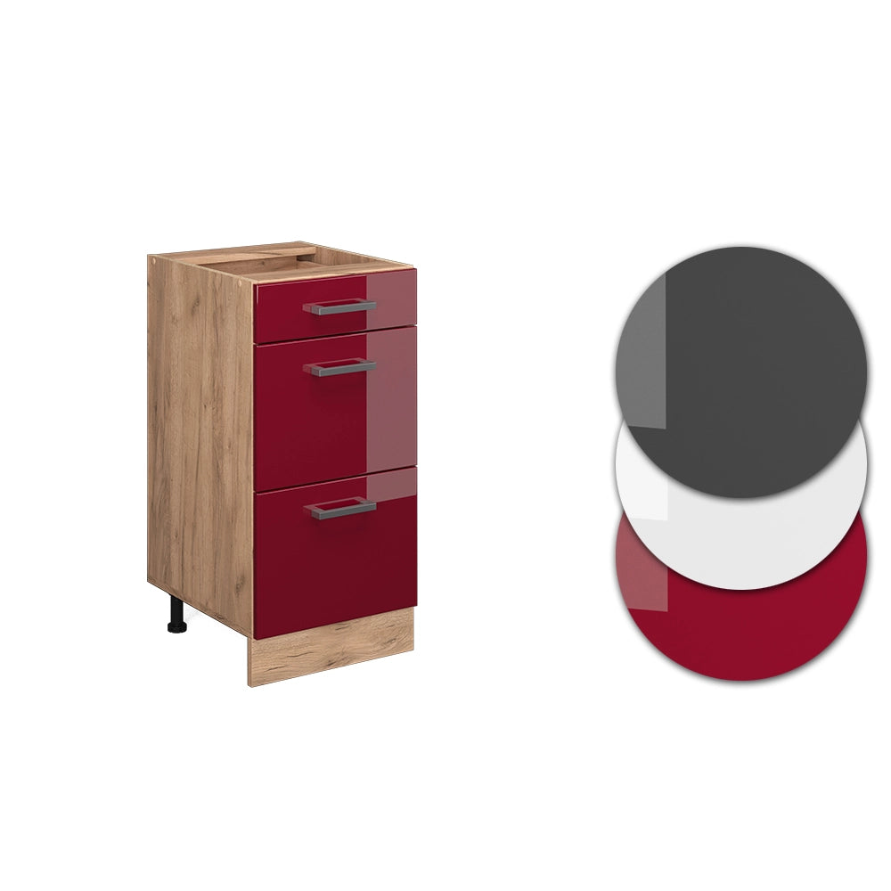 Mobiletto base per cucina R-Line Rosso lucido/Rovere dorato 40 cm con cassetti, senza piano di lavoro Vicco