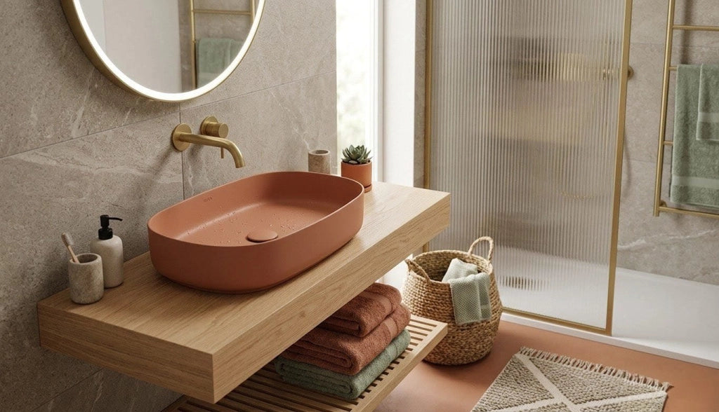 Lavabo ovale da appoggio senza troppo pieno in ceramica senza foro rubinetto - Terracotta Opaco