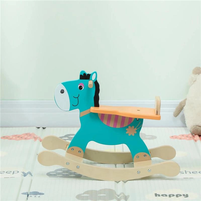 CAVALLO A DONDOLO A FORMA DI ASINO PER BAMBINI CON BASE LARGA, IN LEGNO, 59X27X43 CM, VERDE SCURO E ARANCIONE
