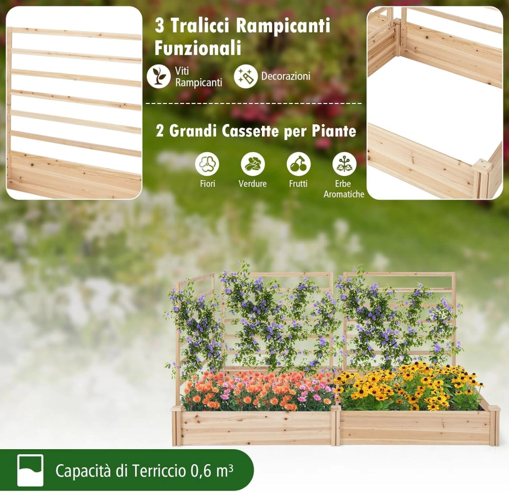 Letto Rialzato da Giardino con 2 Cassoni per Piantare e 3 Tralicci, Aiuola Rialzata da Giardino in Legno per Fiori, Erbe, Verdure, Frutta e Viti Rampicanti, 222 cm x 114 cm x 110 cm