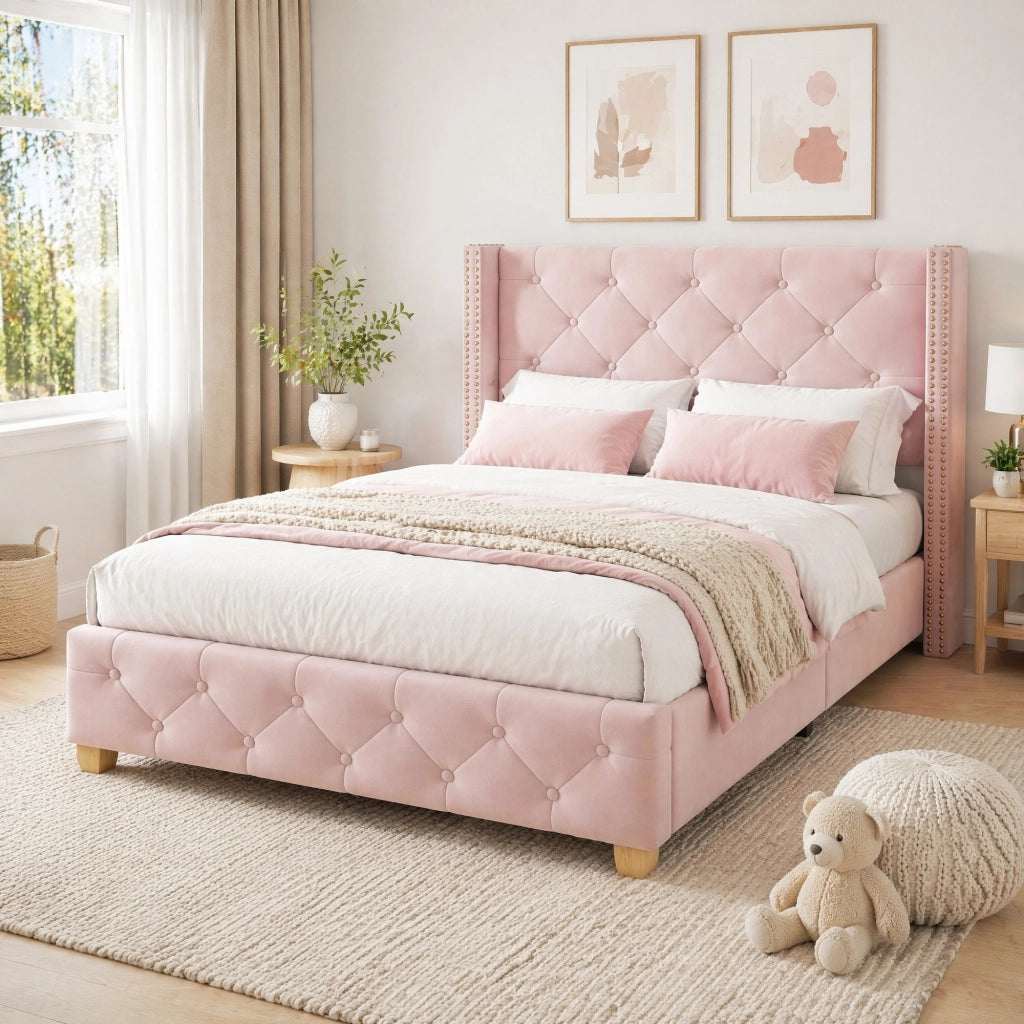 Letto imbottito in velluto rosa 90x200 cm con testiera e rete a doghe