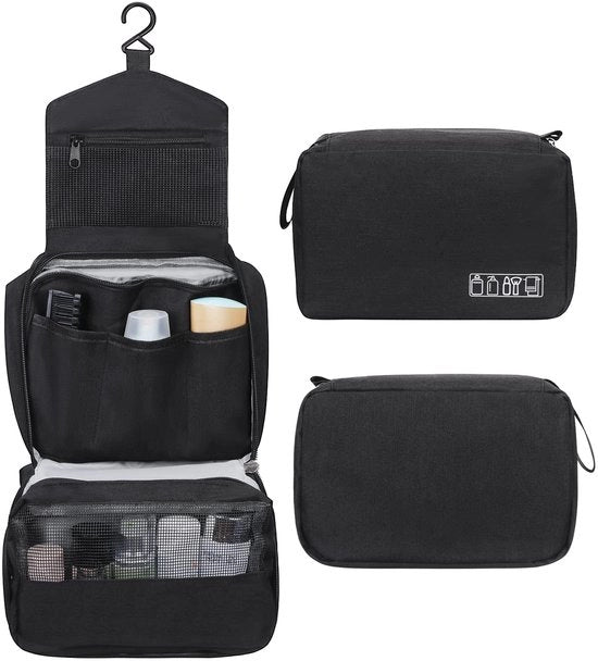 Toilette da appendere, Organizzatore di toilette impermeabile per viaggio con gancio robusto, Borsa cosmetica compatta e trasportabile per donne e uomini, Cassetto da bagno in nero