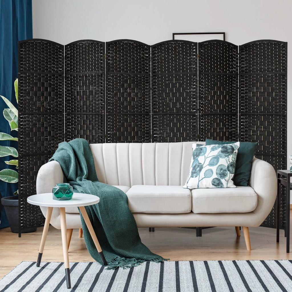 Divisori per ambienti a 6 pannelli alta 180 cm in rattan-Paravento-Schermo pieghevole per privacy con cornice in legno naturale Nero