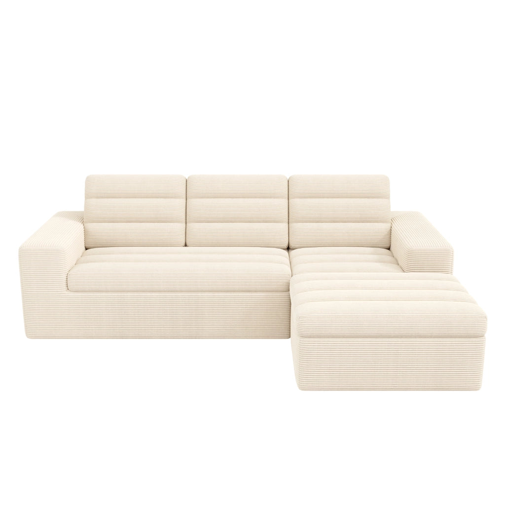 Divano angolare modulare a L in tessuto corduroy beige, senza struttura, 4-5 posti, con pouf
