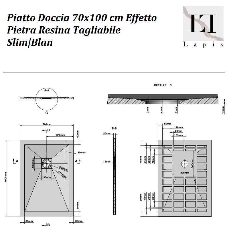 Piatto Doccia Moderno 70x100 cm Marmoresina Grigio Effetto Pietr