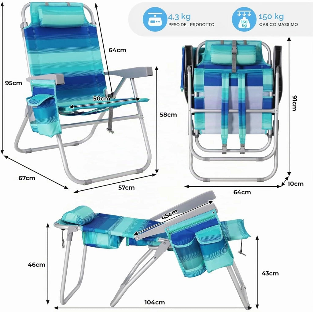 Sedia da Spiaggia Pieghevole in Lega di Alluminio, Sedia Pieghevole Leggera e Portatile come uno Zaino, Sedia Campeggio, Reclinabile, Capacità Carico fino a 150 kg, Sedia Pieghevole Esterni