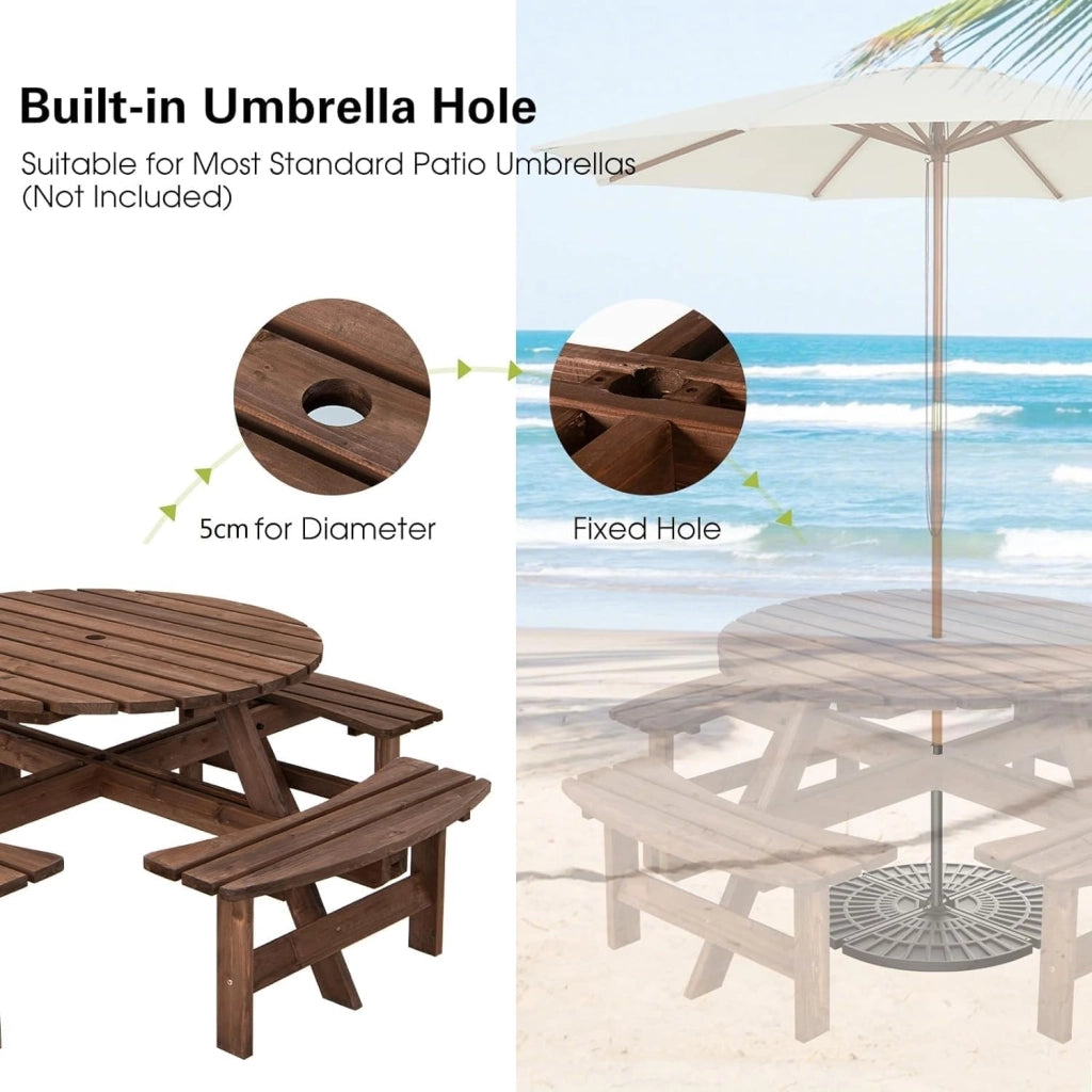 Set di Tavolo e Panche Da Esterno Rontondo in Legno, Set di Mobili da Giardino per 8 Persone con Foro per Ombrellone, Resistente alle Intemperie, 178x178x70 cm