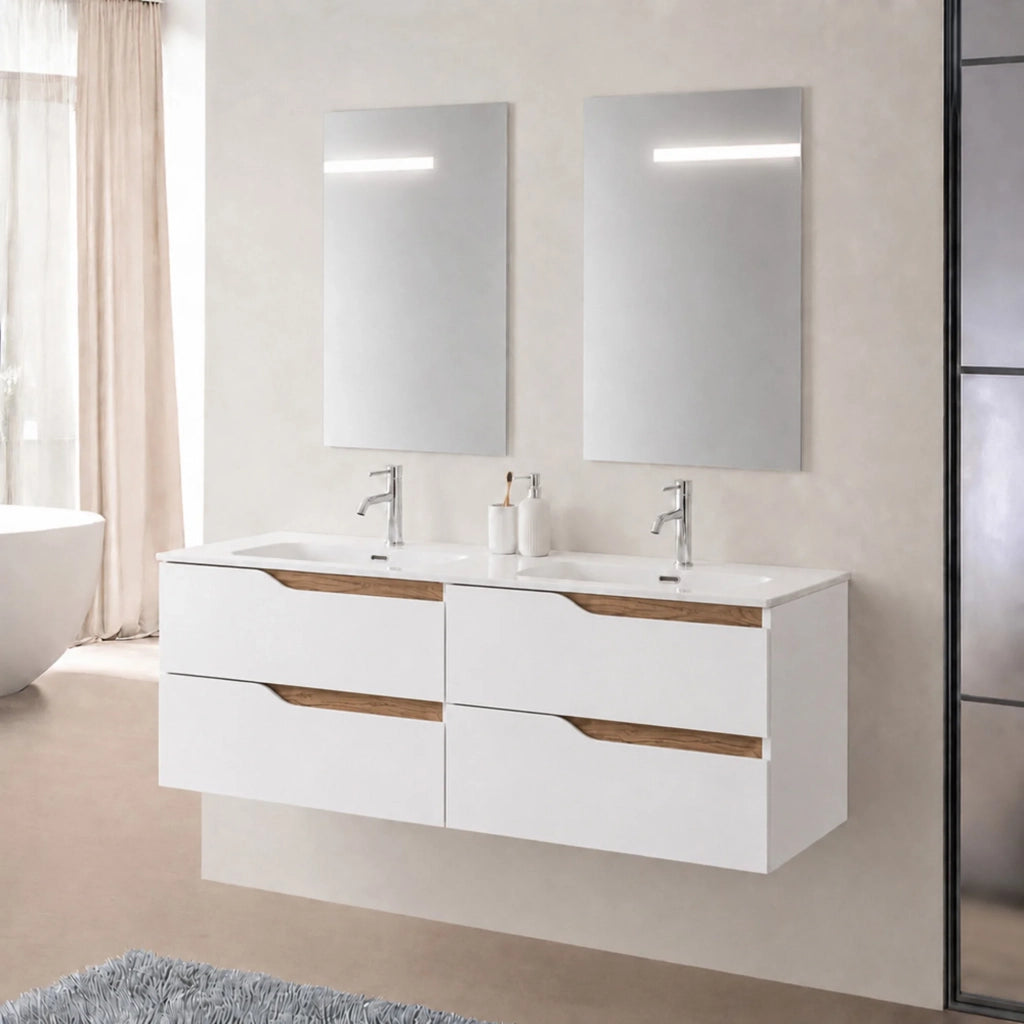 Mobile bagno sospeso 120 cm bianco e quercia due cassetti e doppia vasca Sumya